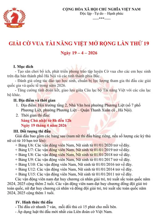 GIẢI CỜ VUA TÀI NĂNG VIỆT LẦN THỨ 19