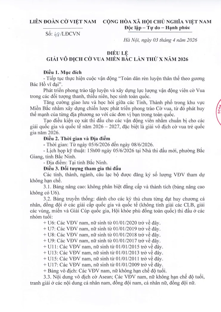 Vô Địch Cờ Vua Miền Bắc Lần Thứ X Năm 2026