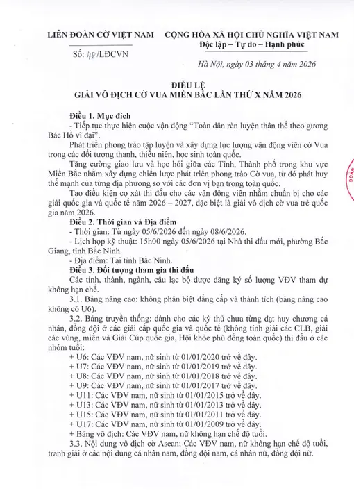 Vô Địch Cờ Vua Miền Bắc Lần Thứ X Năm 2026