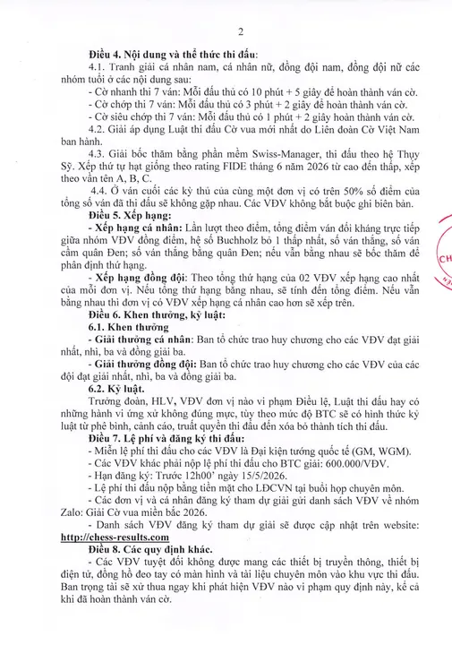 Vô Địch Cờ Vua Miền Bắc Lần Thứ X Năm 2026